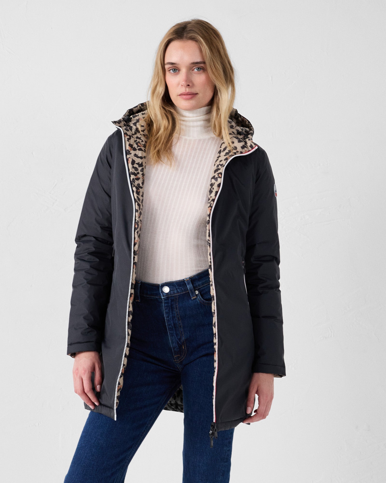 Doudoune longue réversible Noir/leopard beige Verone print